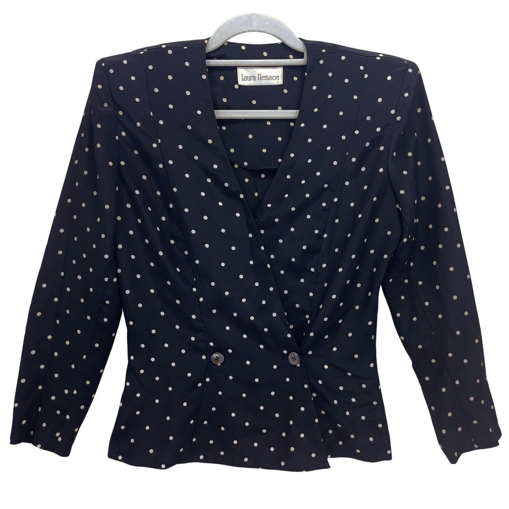 Laura Henson Black Polka Dot Double Breasted Blazer Small Vintage Shoulder Pads